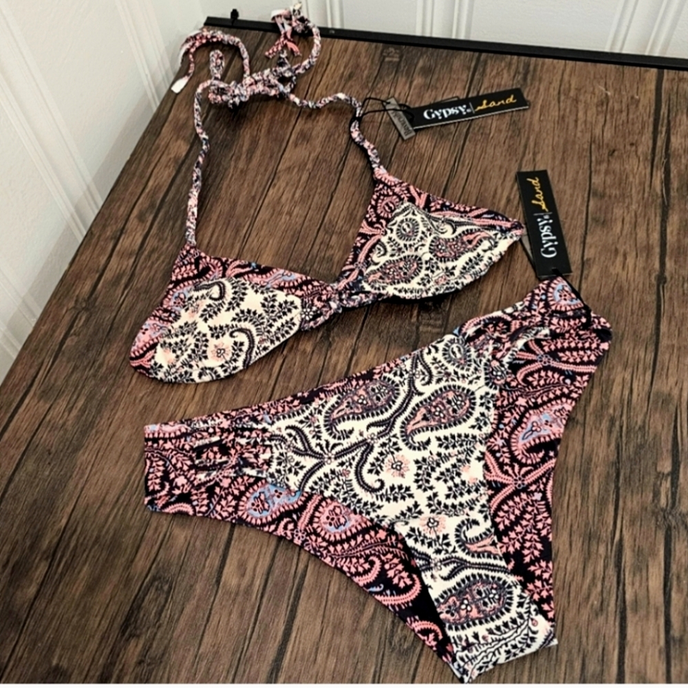 Nwt  Anthropologie Reversable Top Bikini set Braided Straps Gypsy boho whimsy